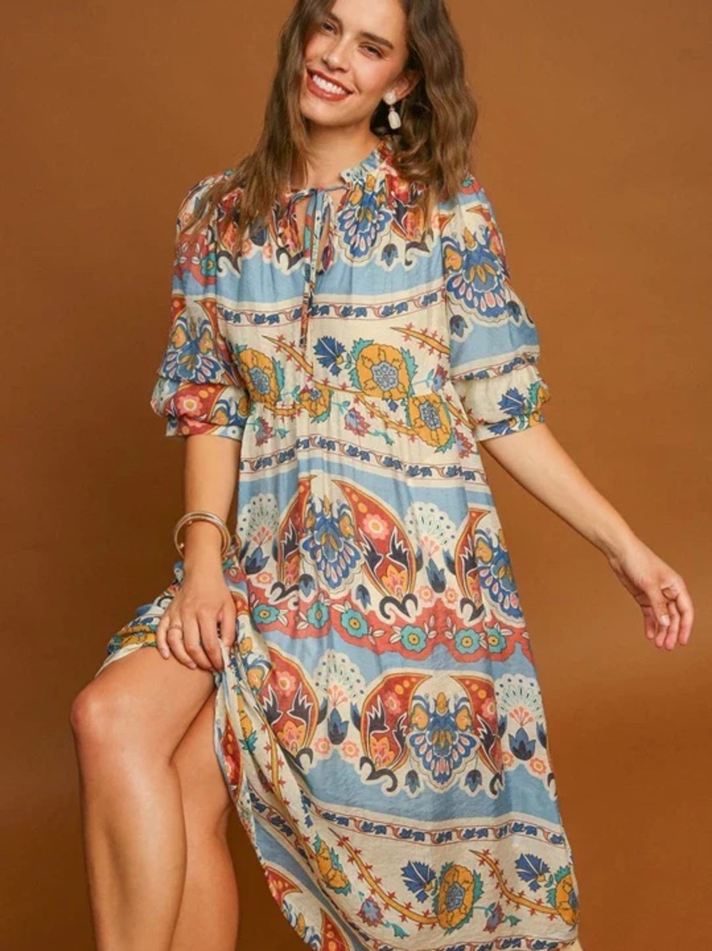 Umgee Blue and Cream Floral-Print Midi Dress